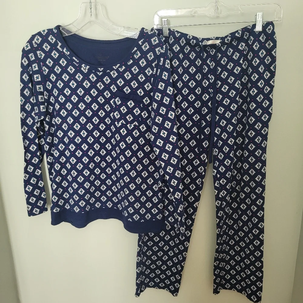 Cuddle‎ Duds 2 Piece Long Sleeve Pajama Lounge Set Blue Small Geometric